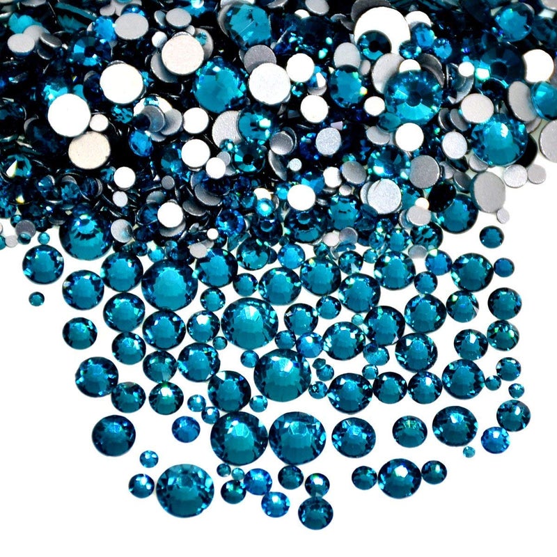 AD Beads 1440 Pieces Mixed Size No Hotfix Glue on Quality Glass Flatback Rhinestones Round Crystal Gems (08 Blue Zircon)
